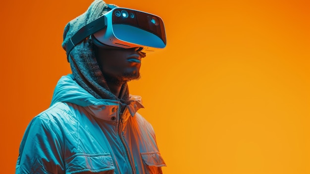 Desenvolvedor de Realidade Virtual em roupas inspiradas na tecnologia moderna