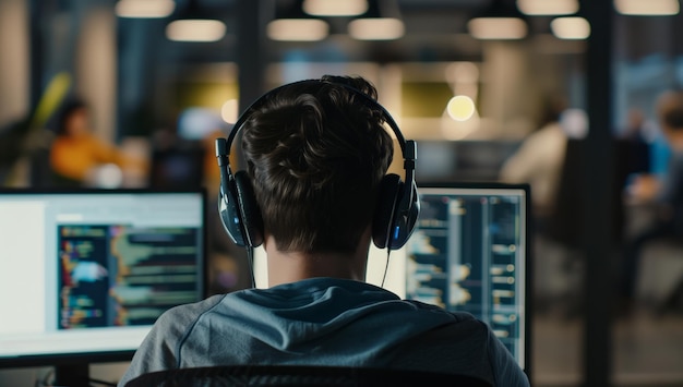 Desenvolvedor de software com fones de ouvido e dois monitores
