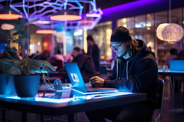Desenvolvedor de software trabalhando em laptop em interior futurista