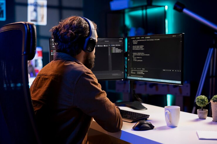Foto desenvolvedor usando fones de ouvido desfrutando de podcasts e inspecionando a codificação no pc