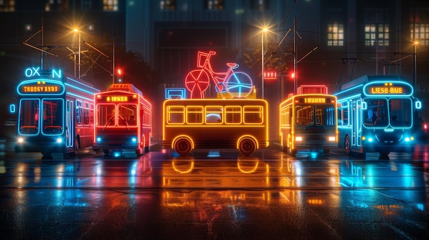 Desenvolver uma coleção de símbolos de transporte de néon, incluindo ônibus brilhantes
