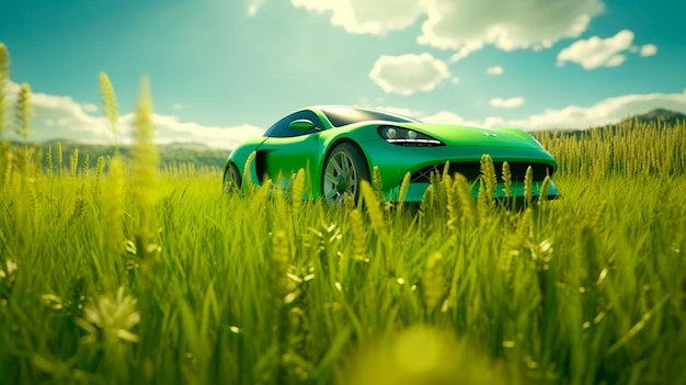 Desenvolvimento de carro ecológico ecologia clara condução sem poluição e conceito de transporte de emissões ícone de carro verde no prado fresco da primavera com céu azul ao fundo IA generativa