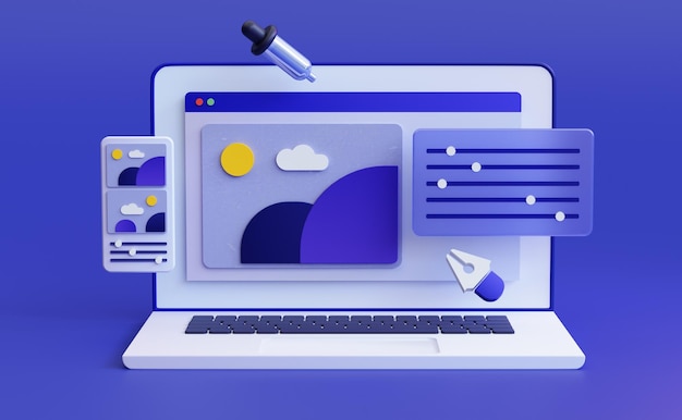 Desenvolvimento de webdesign. Software de edição de fotos em uma tela de laptop com conceito de trabalho Freelance modificado