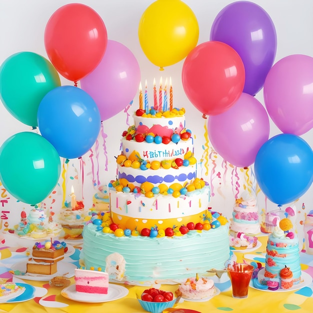 Deseos de feliz cumpleaños con globos, velas y pastel Atractivo feliz cumpleaños Imágenes coloridas