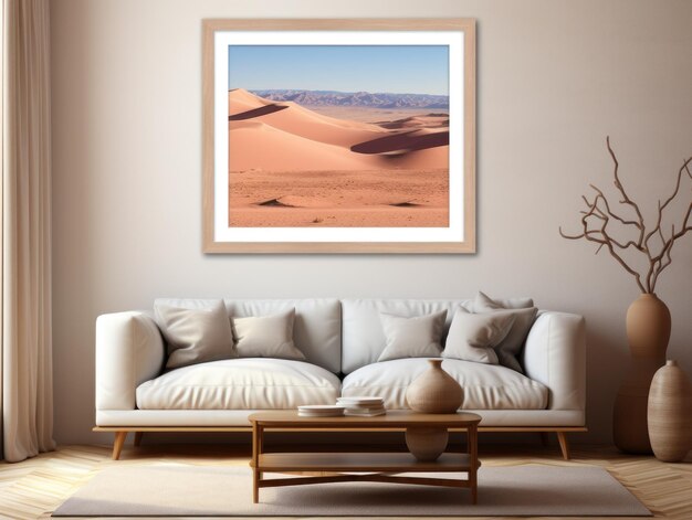 Desert Elegance AIGenerated Mockup de Interior Minimalista com EFrame e Arte de Parede