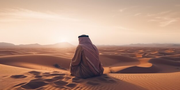 Foto desert sands majestic foto stock eines arabischen mannes, der ruhig in der wüste sitzt