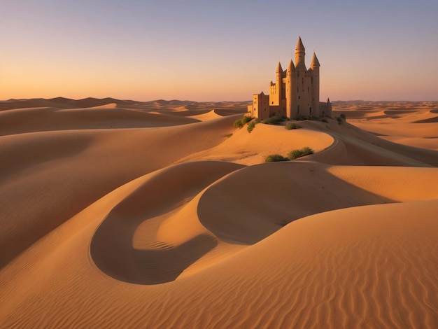 Desert Sunset Majesty Castle em meio a areias onduladas