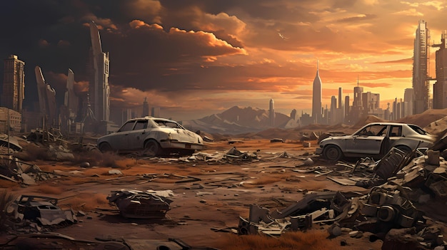 Deserto apocalíptico com carros remanescentes e poucos edifícios, céu escuro laranja e cinza, hiperrealista