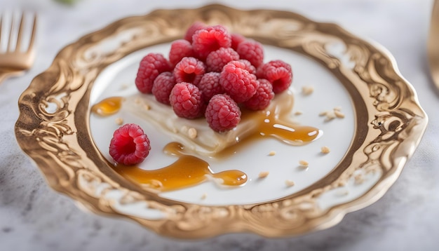 Deserto bonito com framboesas em molho de caramelo em um prato branco