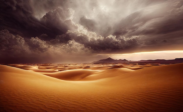 Deserto com areia amarela e céu cinza no horizonte com ilustração 3D de nuvens arenosas