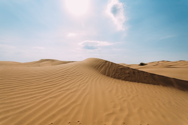 Deserto com dunas de areia em um dia ensolarado e claro. Paisagem do deserto.