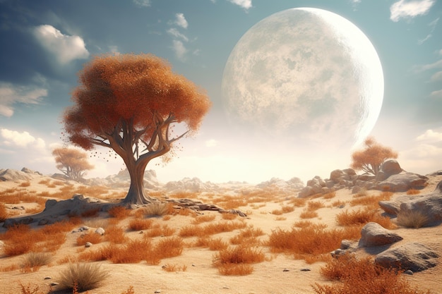 Deserto com uma árvore e um planeta desconhecido