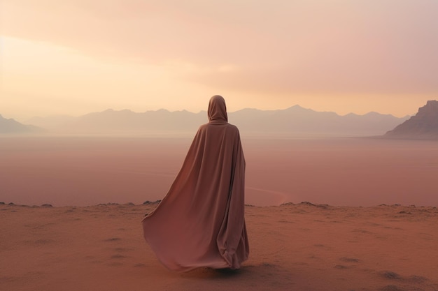 Deserto Contemplação Mulher do Oriente Médio em Abaya com vista para areias infinitas