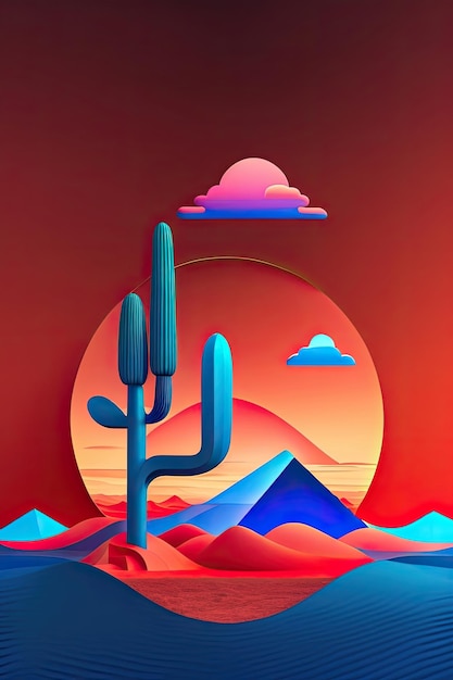 Deserto de cactos surrealista com paisagem de cores saturadas ilustração gerada