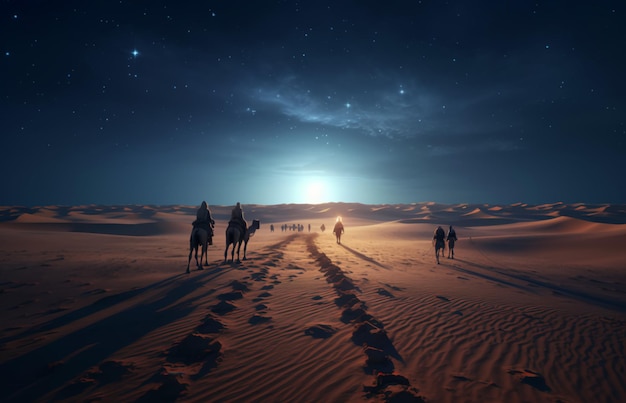 Deserto do Bairro Vazio à noite com luar e um grupo de pessoas andando em camelos