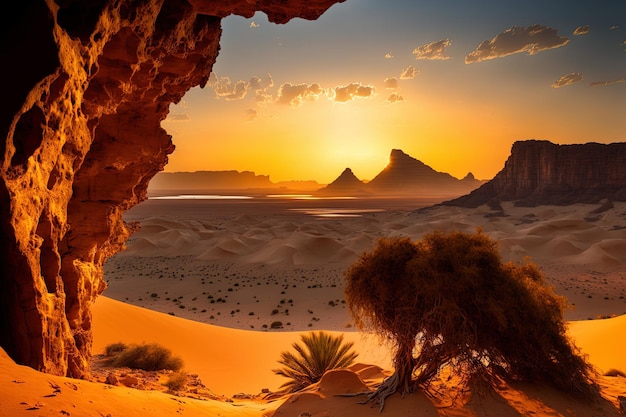 Deserto do Egito ao pôr do sol Pôr do sol em um penhasco íngreme no ambiente e cenário do deserto