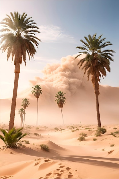 deserto do saara uma bela imagem com palmeiras uma tempestade de areia ultra realista