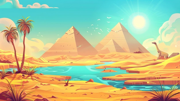 Deserto egípcio com rio e pirâmides Ilustração de desenho animado vetorial de paisagem com dunas de areia amarelas Água azul do Nilo Antigas tumbas do faraó do Egito Sol quente e nuvens no céu