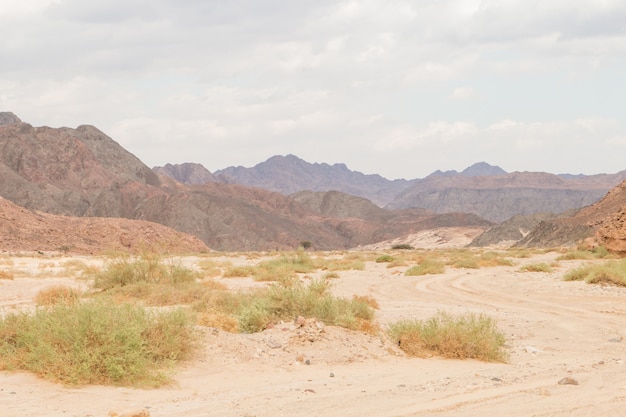 Deserto, montanhas, pedras e céu nublado