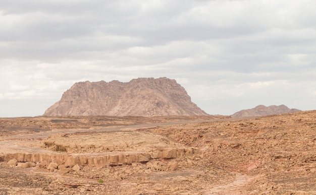 Foto deserto, montanhas vermelhas, rochas e céu nublado. egito, canyon de cores.