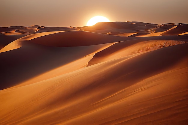 Deserto noturno com sol se pondo atrás das dunas do deserto