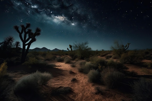 Deserto noturno mágico com estrelas e lua brilhando acima criado com IA generativa