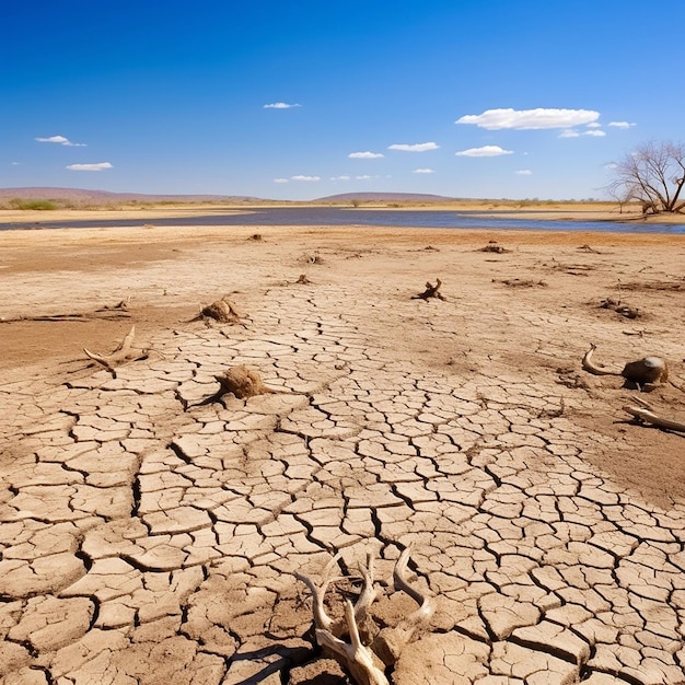 Foto deserto terra seca céu azul nublado sobre seca natureza rachada conceito de escassez de água problema ambiental mudança climática êxodo de população devido à fome