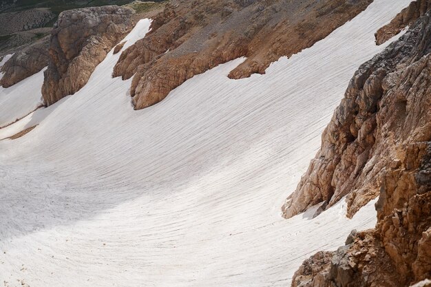 Foto desfiladeiro de alta montanha coberto por geleiras derretidas no verão