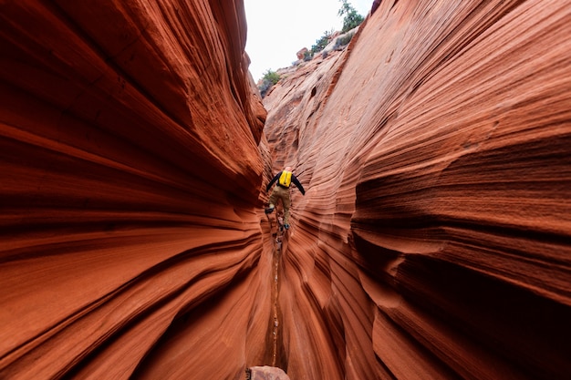 Desfiladeiro de ranhura no Parque Nacional Grand Staircase Escalante, Utah, EUA. Formações incomuns de arenito colorido nos desertos de Utah são um destino popular para os caminhantes.