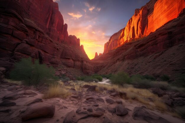 Desfiladeiro majestoso com sol ardente atrás dos picos, lançando um brilho quente na paisagem criada