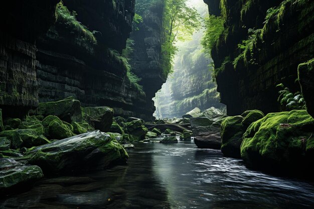 Foto desfiladeiro místico explorando as profundidades da cachoeira