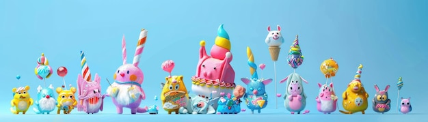 Desfile de animales con temas de caramelos estudio de renderización en 3D fotos publicitarias de una marcha alegre y colorida