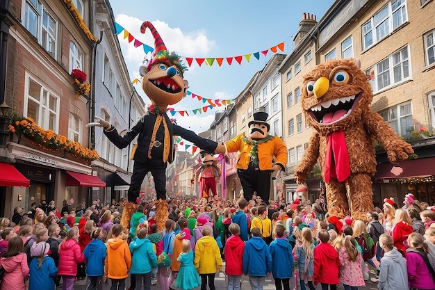 Un desfile callejero festivo con marionetas gigantes y caminantes de zancos