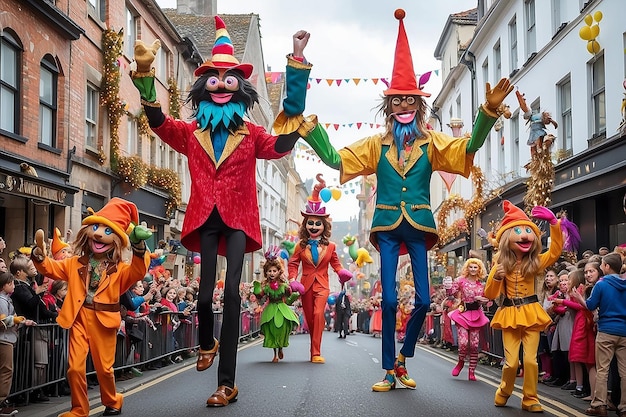 Un desfile callejero festivo con marionetas gigantes y caminantes de zancos