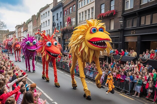 Un desfile callejero festivo con marionetas gigantes y caminantes de zancos