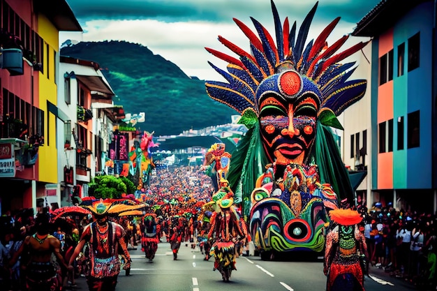 Un desfile con una cara grande al frente.