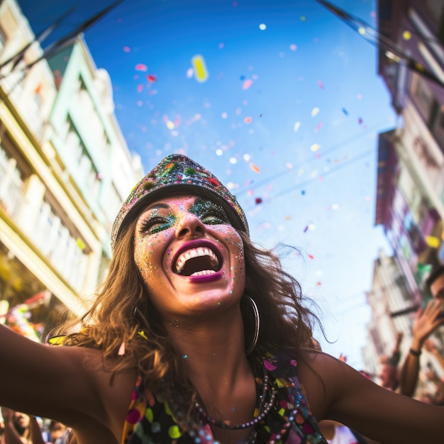 Foto el desfile de carnaval con personas vestidas con trajes coloridos confeti flotando alrededor