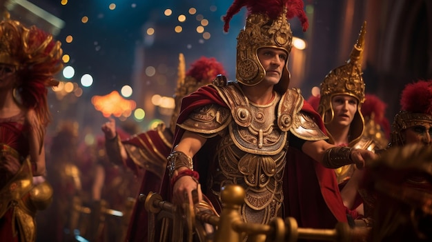 El desfile del circo romano muestra carros flotantes y artistas en una celebración festiva
