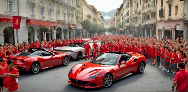 Desfile de coches deportivos Ferrari en el medio de la ciudad IA generativa