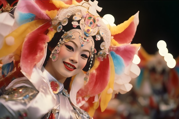 desfile de carnaval com pessoas vestindo fantasias inspiradas em diferentes culturas e tradições