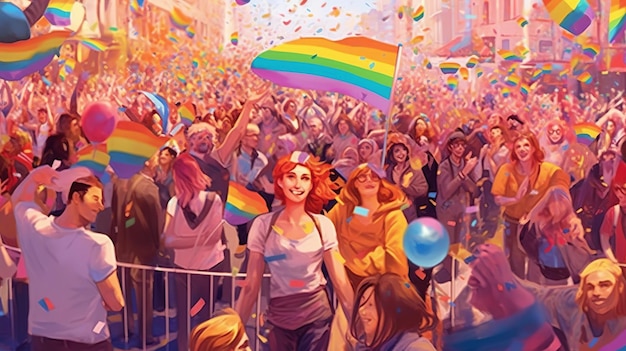 desfile de gays e lésbicas com uma bandeira arco-íris dia do orgulho LGBTQ mês do orgulho gay