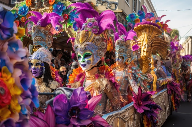 Desfile de Mardi Gras com carros alegóricos e fantasias nas ruas de Nova Orleans criados com IA generativa