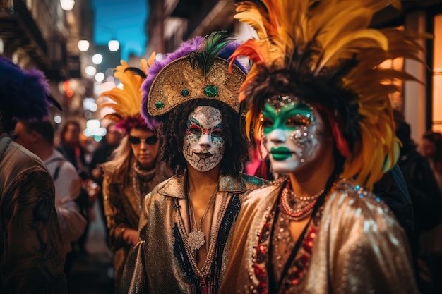 Desfile de Mardi Gras nas ruas com foliões mascarados e fantasiados criados com IA generativa