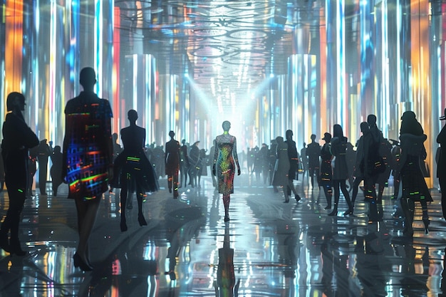 Desfile de moda holográfico numa metrópole futurista