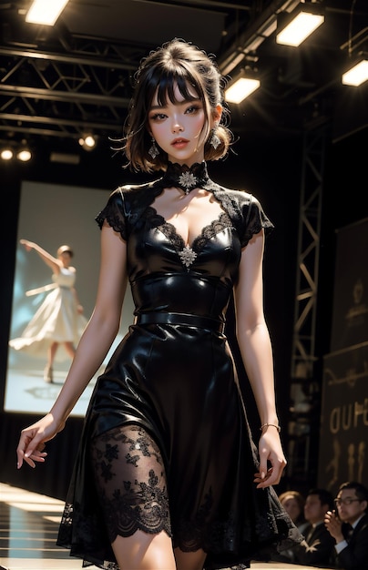 Desfile de moda rapariga sexy com um vestido lindo modelo de mulher asiática linda moda linda