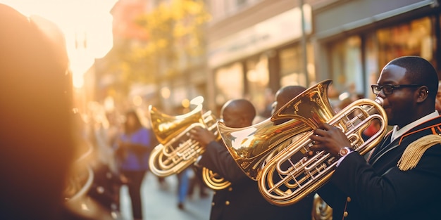 Desfile de rua vibrante com uma multidão de pessoas tocando instrumentos de sopro IA generativa