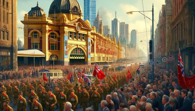 Foto desfile del día de anzac en melbourne pintura digital realista con detalles de la multitud