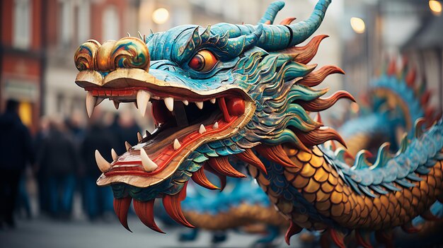 Desfile dinâmico do Ano Novo Chinês Dança majestosa do Dragão em trajes vibrantes e atmosfera festiva