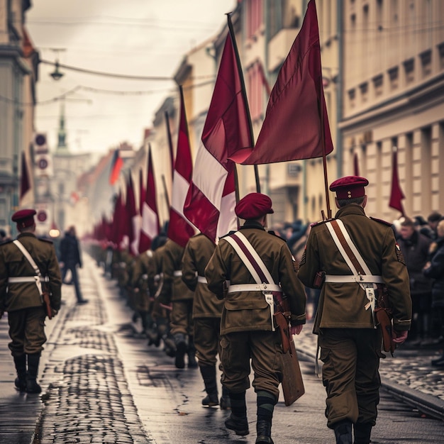 Desfile do Dia da Independência da Letônia Flags Walkers Street Scene Image