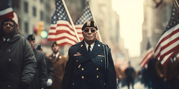 Desfile do Dia dos Veteranos com veteranos de todas as idades marchando orgulhosamente Criado com tecnologia de IA generativa